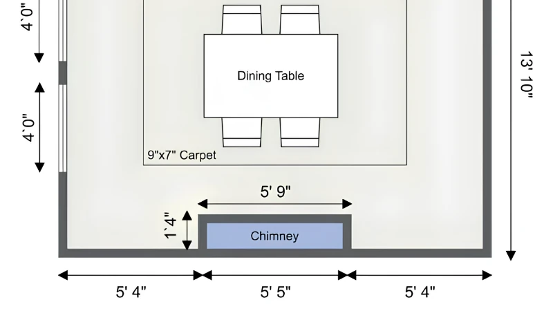 Partial floor plan of a dining area with a dining table and four chairs on a carpet, a chimney along the bottom wall, and visible dimension labels around the room.