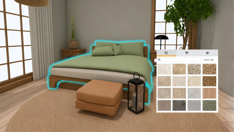Bedroom design interface showing a bed highlighted with a glowing outline, an ottoman and lantern in front, a large rug on the floor, and a material selection panel with fabric and texture swatches visible on the right.