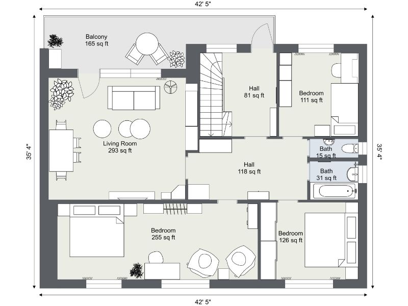 Second floor of a four-bedroom house plan showing three bedrooms, two bathrooms, a large living room with dining area, and a balcony.