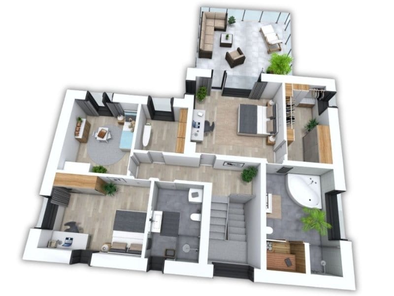 “3D floor plan of the second floor in a four-bedroom house showing three bedrooms, two bathrooms, and a large terrace with outdoor seating. The layout includes a master bedroom with ensuite bath and walk-in closet, plus modern finishes and plants for realistic detailing.
