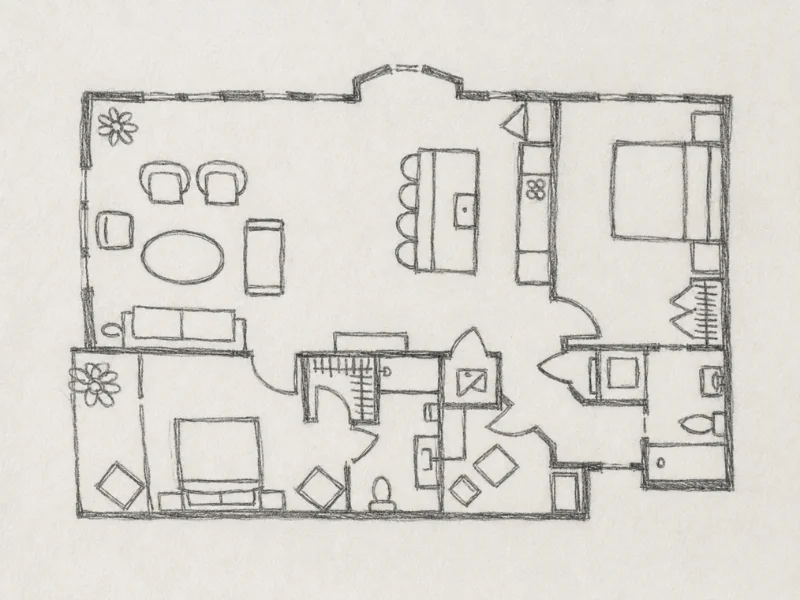 A detailed hand drawn floor plan on paper.