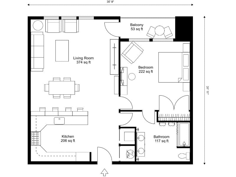 Black and white floor plan of a spacious one-bedroom apartment measuring 35'8" by 31'11". Features an open kitchen and living area, a large bedroom, full bathroom, and a balcony.