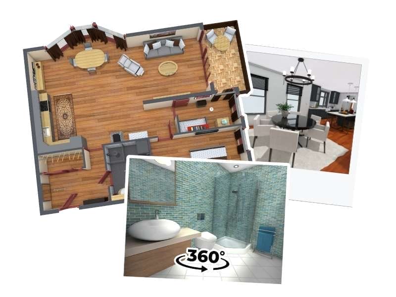 Collage showing various 3D visualizations of a home. At the top is a detailed 3D floor plan with furniture, parquet flooring, and room layout. On the right is an interior rendering of a dining room with modern furniture. At the bottom is a 360-degree view of a bathroom with blue mosaic tiles, a sink, and a shower. The illustration highlights features such as 3D plans, interior renderings, and virtual tours.