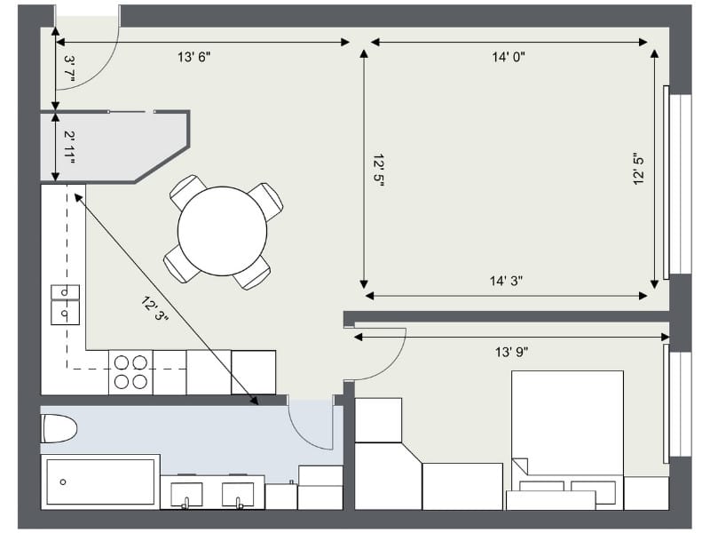 2D floor plan of a one-bedroom apartment with dimensions labeled. Features an L-shaped kitchen with adjacent dining area, a spacious living room, a separate bedroom, and a bathroom with double sinks and a bathtub.