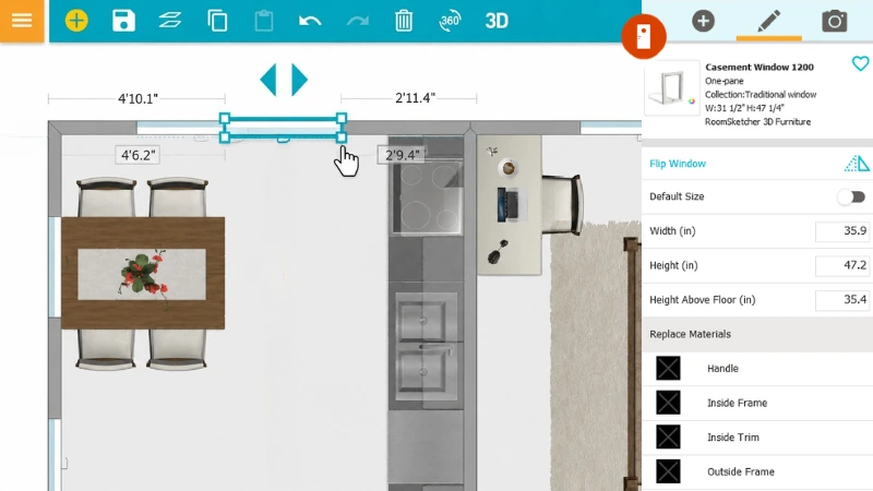 RoomSketcher floor plan editor showing a kitchen and dining area from above, with a window selected and highlighted in blue. A properties panel on the right shows window settings, including size fields and replaceable materials.