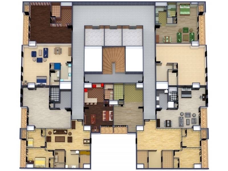 3D floor plan of a condominium building level showing multiple units arranged around a central stairwell and shared corridor.