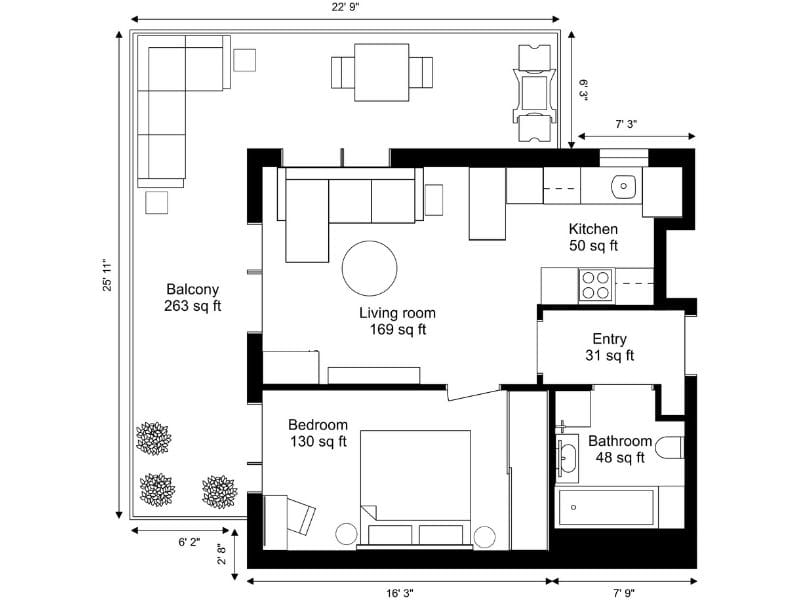 Black and white floor plan of a one-bedroom apartment featuring a spacious wraparound balcony, a living room, compact kitchen, bedroom, bathroom, and entryway. The balcony includes seating and dining areas.