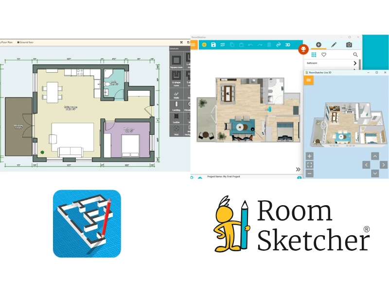 FloorPlanCreator.net vs RoomSketcher. Comparison of the software user interfaces. On the left side of the image is a screenshot of the FloorPlanCreator.net user interface. Below the screenshot is the FloorPlanCreator.net logo. On the right side of the image is a screenshot of the RoomSketcher user interface. Below the screenshot is the RoomSketcher logo.