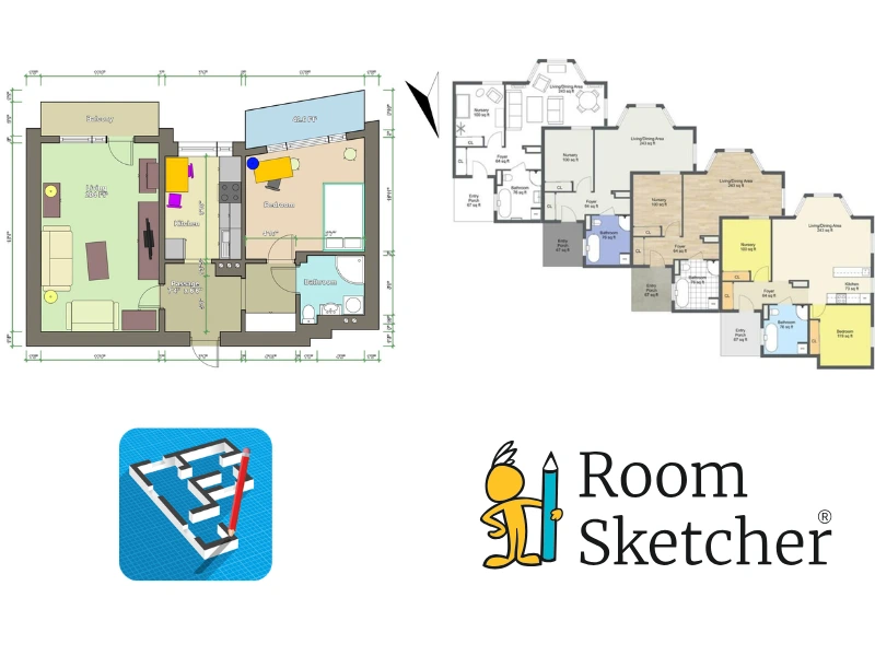 FloorPlanCreator.net vs RoomSketcher. Comparison between the two software tools' 2D floor plans. On the left side of the image is a 2D floor plan made with FloorPlanCreator.net. Below the floor plan is the FloorPlanCreator.net logo. On the right side of the image is a selection of the different kinds of 2D floor plans you can make with RoomSketcher. Black-and-while, standard colored, materials, and color-coded. Below the floor plans is the RoomSketcher logo.