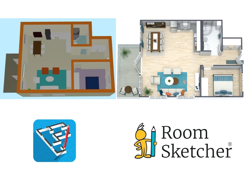 FloorPlanCreator.net vs RoomSketcher. Comparison between the two software tools' 3D floor plans. On the left side of the image is a 3D floor plan view of a floor plan made with FloorPlanCreator.net. It shows a open kitchen/dining with living space, one bedroom, one bathroom. Below the floor plan is the FloorPlanCreator.net logo. On the right side of the image is a 3D floor plan made with RoomSketcher. It shows a open kitchen/dining with living space, one bedroom, one bathroom. Blow the floor plan is the RoomSketcher logo.