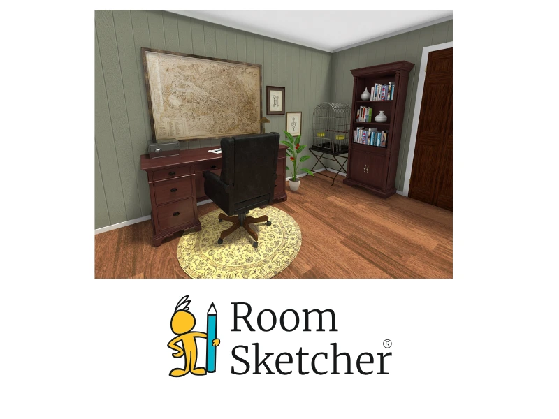 3D Photo made with RoomSketcher. The image shows a home office with green walls, a dark wooden desk and dark wooden bookshelf. In the corner of the room is a bird cage. By the desk is a back office chair with a round rug underneath it. Below the image is the RoomSketcher logo.