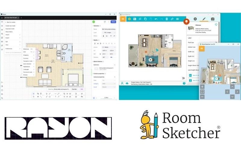 Rayon vs RoomSketcher. On the left side of the image, there is a screenshot of the Rayon user interface, showing a 2D floor plan of a one bedroom apartment. Below the image is the Rayon logo. On the right side of the image is a screenshot of the RoomSketcher user interface. The screenshot shows a 2D drawing of a one bedroom apartment. Next to the 2D floor plan is a Live 3D version of the floor plan. Below the screenshot is the RoomSketcher logo.