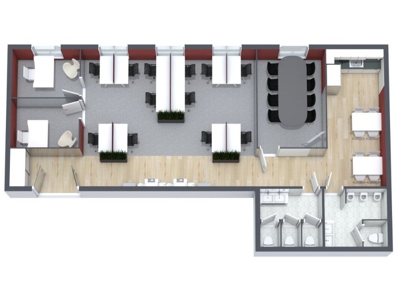 3D rendering of a small office floor plan.