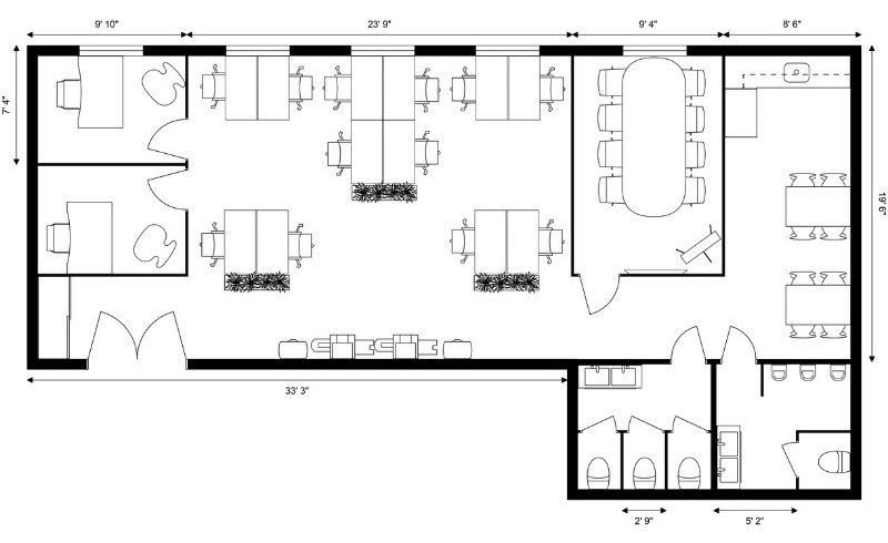 Black and white 2D floor plan of a small office with an open workspace, two private offices, a conference room, a kitchenette, and a restroom area. The layout includes multiple desks, meeting tables, and storage areas, with measurements shown along the walls.