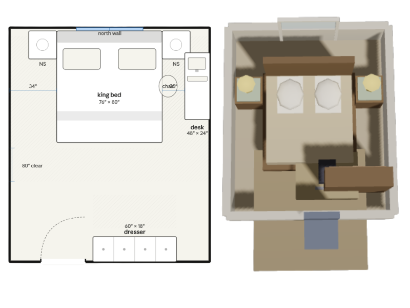 Claude-generated 2D and 3D bedroom floor plans showing inconsistent proportions, overlapping furniture, and a desk chair placed outside the room.