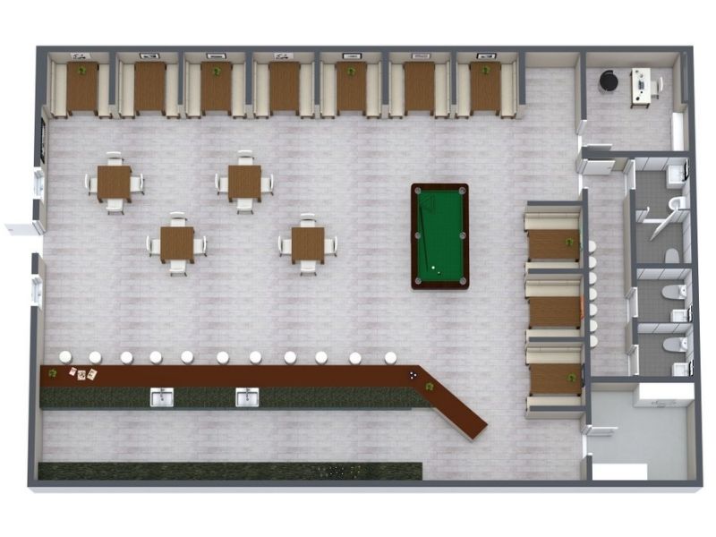 3D floor plan of a modern sports bar and lounge area. The layout includes a long bar counter with barstools along the bottom wall, and a row of small booths lining the top wall.