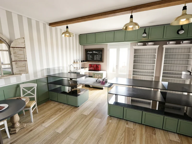 Interior render of a bright café or retail space with sage-green cabinetry, black display counters, white shelving, striped walls, brass pendant lights, and light wood flooring.