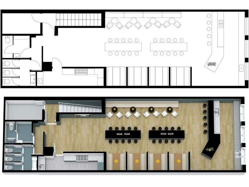 The floor plan of a cocktail bar shown in 2D and 3D.