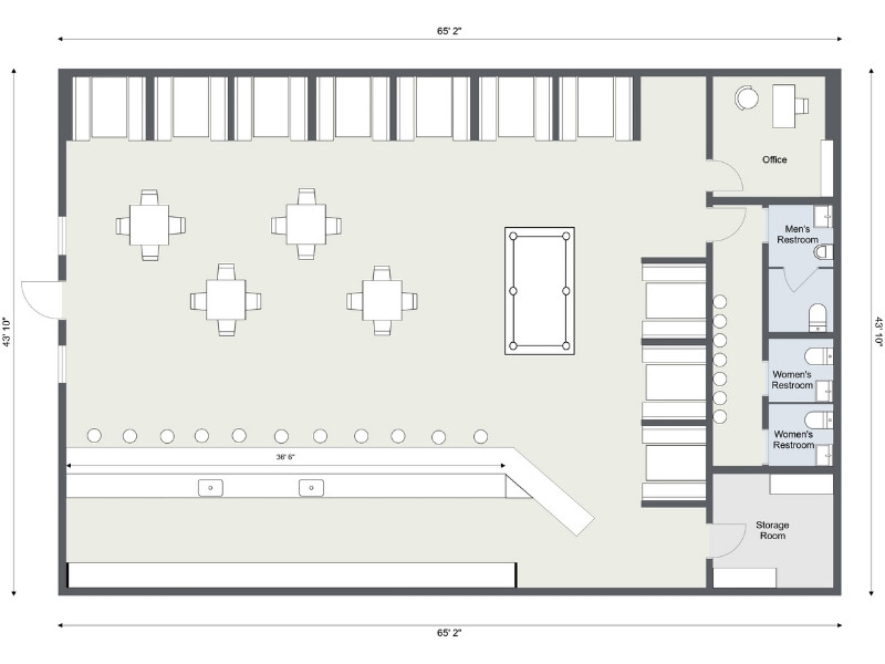 Floor plan of a sports bar with measurements along the sides.