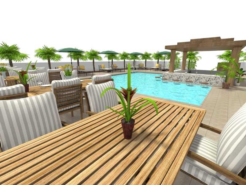 3D rendering of a stylish outdoor pool area with wooden dining tables and striped cushioned chairs in the foreground.