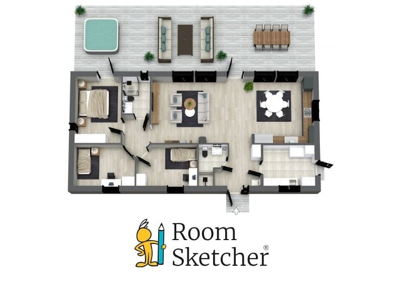 Rayon vs RoomSketcher 3D floor plan. Rayon does not have 3D floor plans. The image shows a 3D floor plan made with RoomSketcher. At the top of the image there is the 3D floor plan from RoomSketcher. It is a 3 bedroom house with an open kitchen solution, two bathrooms, one utility room and a large outdoor area. Below the floor plan is the RoomSketcher logo.