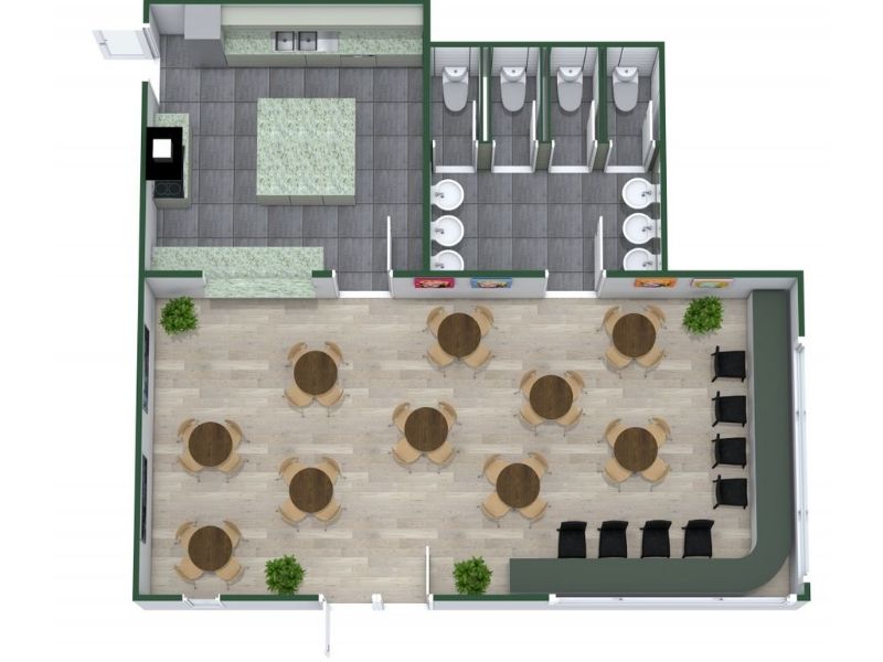 3D floor plan of a small bar. The layout features multiple round tables with four chairs each, spread across a light wood floor. To the top left is a kitchen with green countertops, a center island, and built-in appliances.