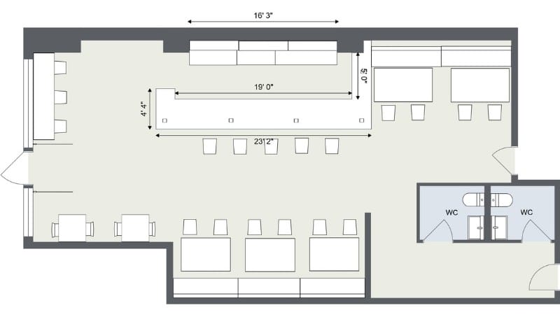 2D floor plan of a bar or small restaurant space. The layout includes a long central bar with eight barstools on one side and four on the other, measuring 23'2" in length.