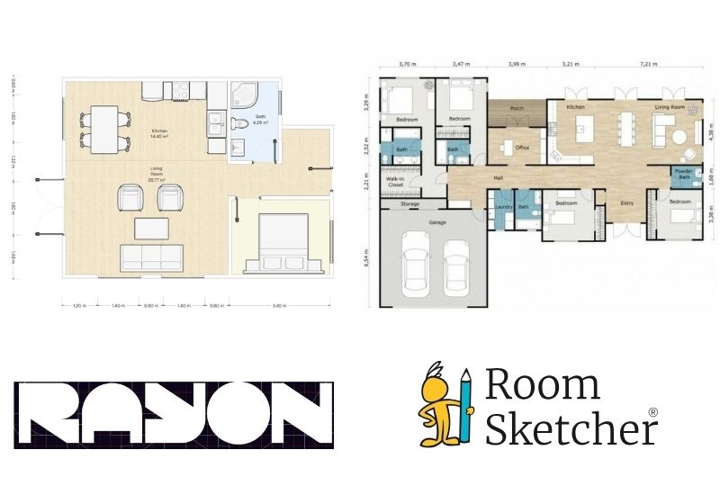 Rayon vs RoomSketcher measurements and calculations. On the left side of the image is a 2D floor plan made with Rayon. The floor plan has added measurements and room calculations. Below the floor plan is the Rayon logo. On the right side of the image is a 2D floor plan made with RoomSketcher. The floor plan has measurements along the outside walls of the house. Below the floor plan is the RoomSketcher logo.