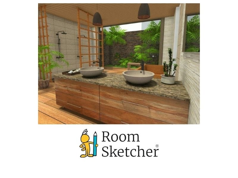Rayon vs RoomSketcher 3D photos. Rayon does not have 3D photos. The image shows a 3D Photo from RoomSketcher of a big bathroom with natural wooden finishes and multiple green plants for decor. There are jack and jill sinks and showers. Below the photo is the RoomSketcher logo.