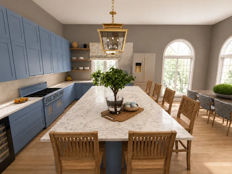 AI Render of a kitchen with dark grey walls, blue cabinets, and a marble kitchen island.