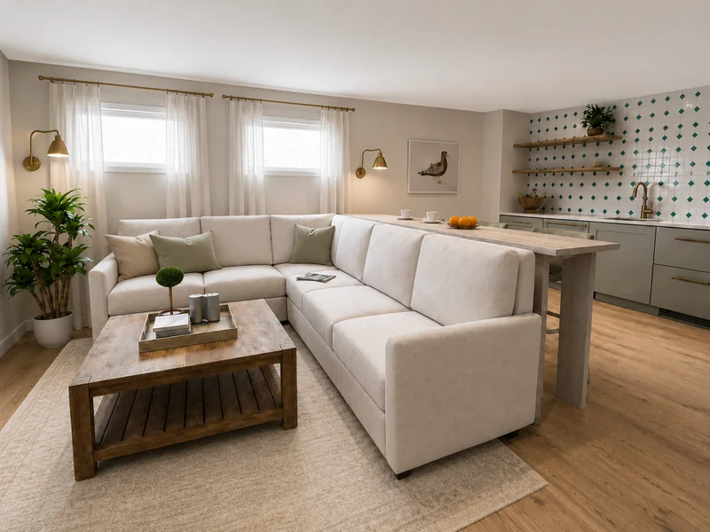 A cozy basement living room with a white sofa, white curtains, a one wall kitchen, and a bright oak floors.