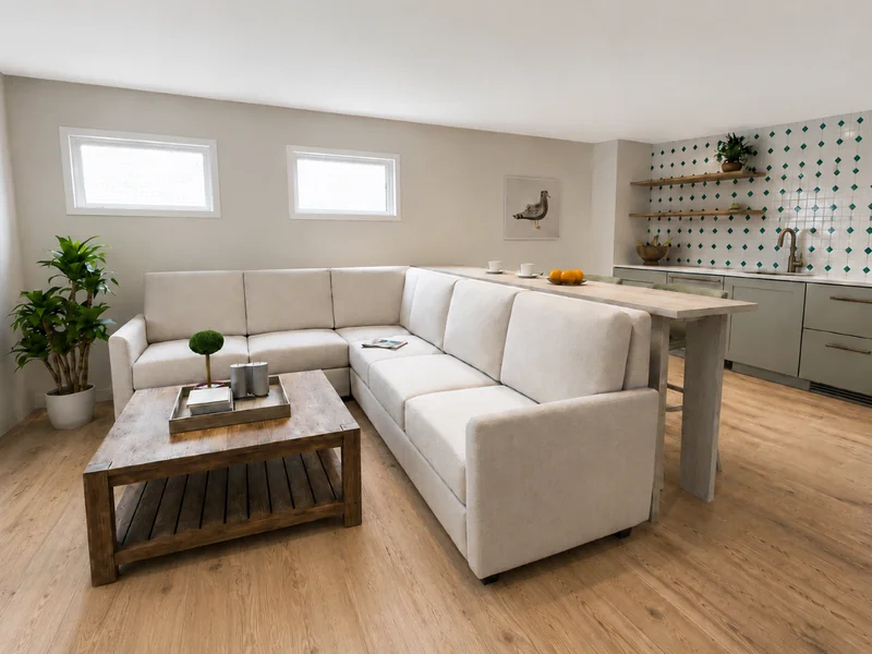 Bright open-plan living room and kitchen with a cream L-shaped sectional, wooden coffee table, indoor plant, and light wood flooring.