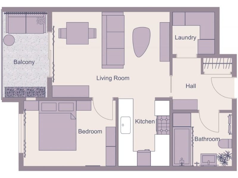 2D floor plan of a one-bedroom apartment with a balcony, open living and dining area, separate kitchen, bathroom, hall, and a laundry room.