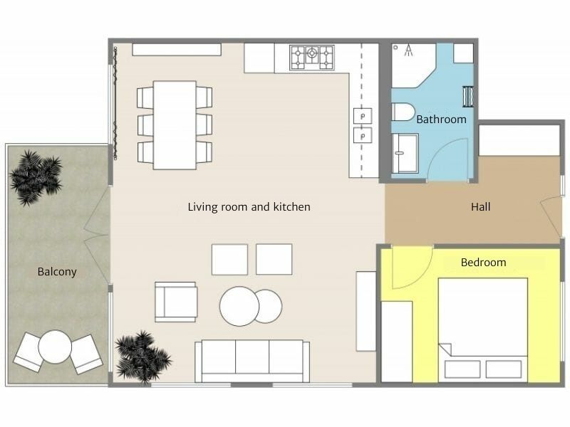 2D Floor Plan with room colors. Balcony is grey, living room and kitchen is beige, hall is brown, bathroom is blue, and the bedroom is yellow. All rooms show belonging furniture.