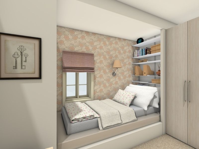 3D Photo of a small bedroom with neutral colors. The photo shows a bed on a raised platform close to the side-wall with shelves at the top of the bed. There's a window close to the end of the bed. A wardrobe is against the wall next to the bed.