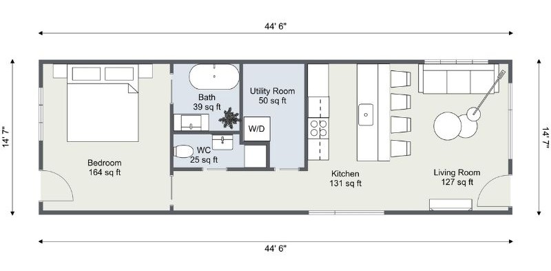 2D floor plan of a rectangular container home measuring 44'6" by 14'7".