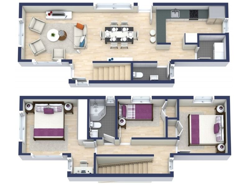 3D floor plan of a modern two-story container home.