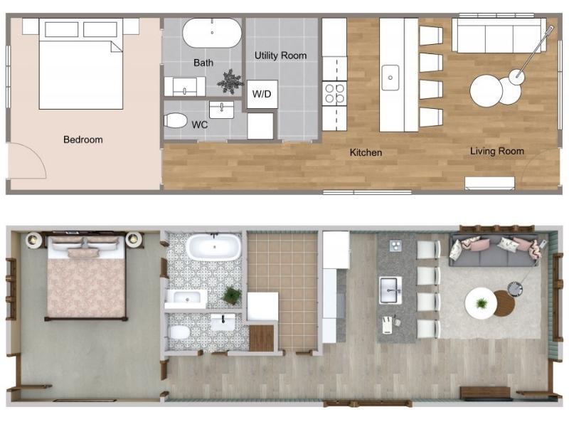 2D and 3D floor plan of a one-bedroom container home highlighting the open kitchen area. The kitchen features an island with bar seating, modern appliances, and ample counter space that flows seamlessly into the living room.