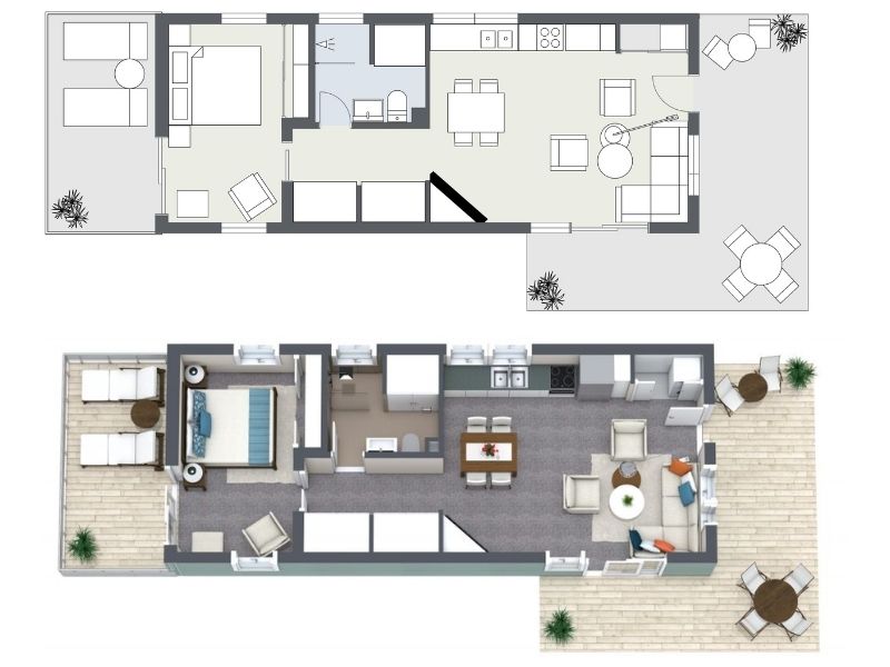 2D and 3D floor plan of a compact one-bedroom container home with an open-concept kitchen and living area.