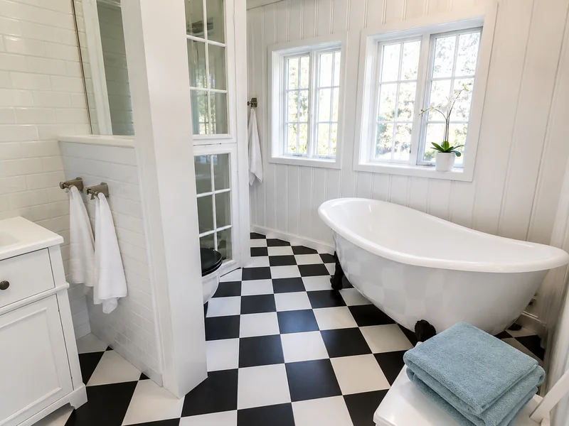 Bright white bathroom with black-and-white checkerboard flooring, a freestanding clawfoot tub beneath two sunlit windows, white paneled walls, subway tile, hanging towels, a potted orchid, and folded blue towels in the foreground.