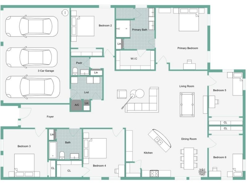 2D floor plan of a large barndominium highlighting a three-car garage connected to the foyer.