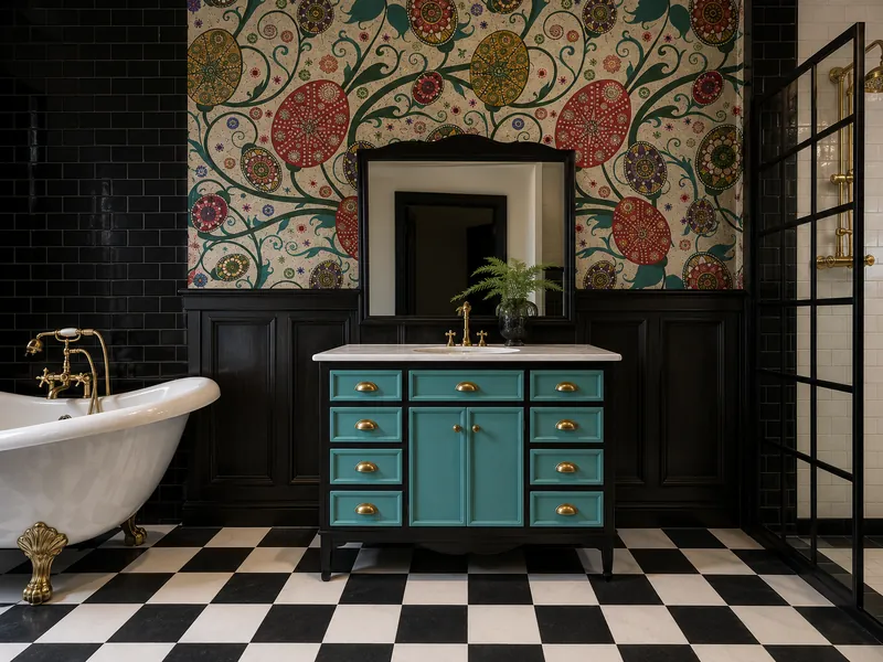 Photorealistic vintage bathroom with a turquoise vanity, brass fixtures, black paneled walls, colorful floral wallpaper, a black-and-white checkered floor, a white clawfoot tub on the left, and a black-framed glass shower on the right.