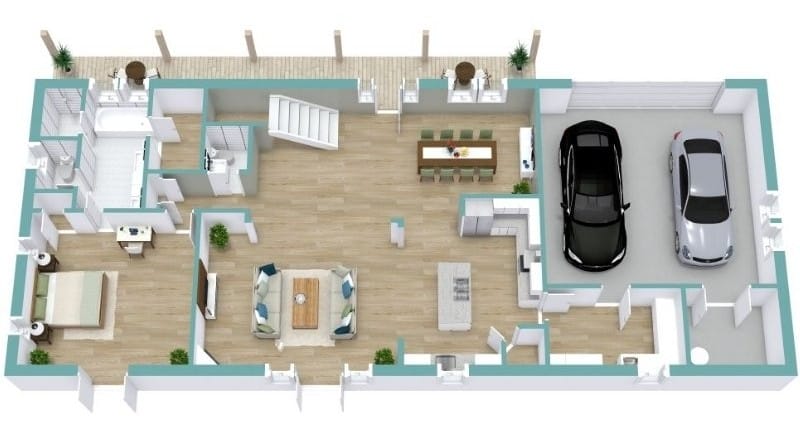 3D floor plan of a modern barndominium with an attached two-car garage on the right.