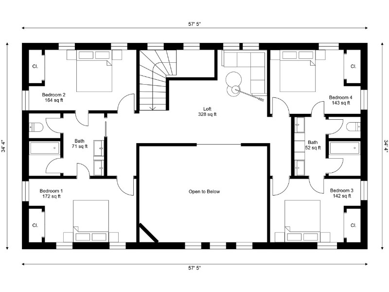 2D floor plan of an upper level in a barndominium featuring four bedrooms, two bathrooms, and a central loft area overlooking the space below.