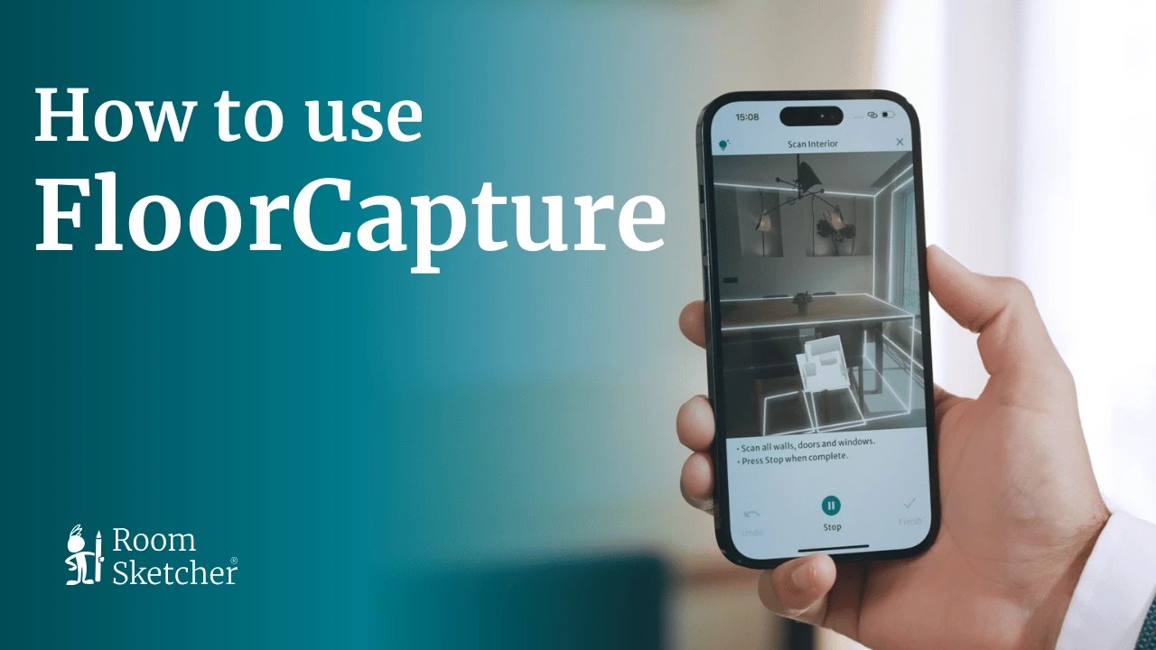 Using the RoomSketcher FloorCapture feature on an iPhone to capture a room and generate a floor plan.