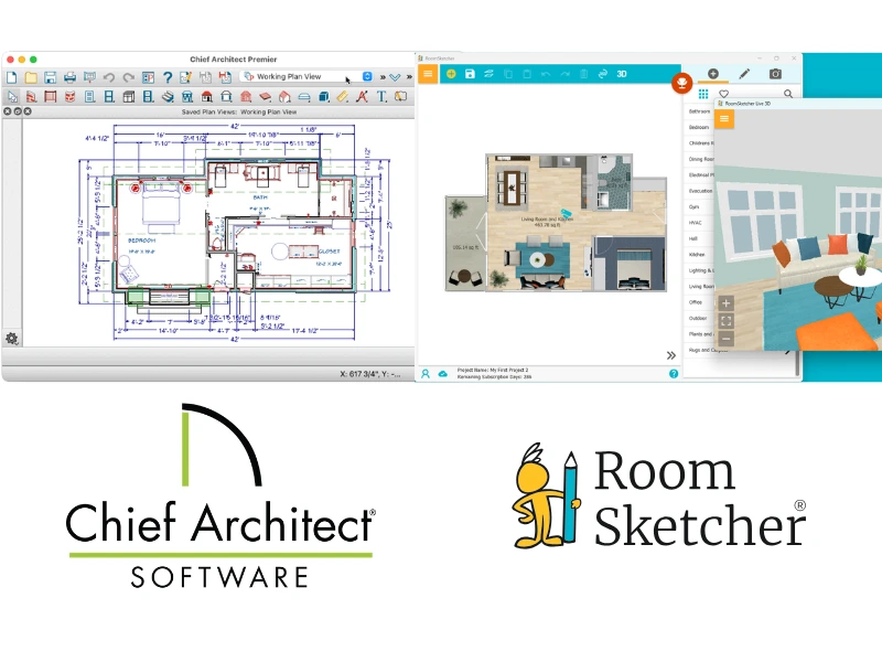 Chief Architect vs RoomSketcher. The image shows what the user interface looks like for both tools. On the left side is a screenshot of the Chief Architect user interface. Below the image is the Chief Architect logo. On the right side of the image is a screenshot of the RoomSketcher user interface. The UI is a split view of 2D floor plan work and a live 3D view of the same floor plan. Below the screenshot is the RoomSketcher logo.