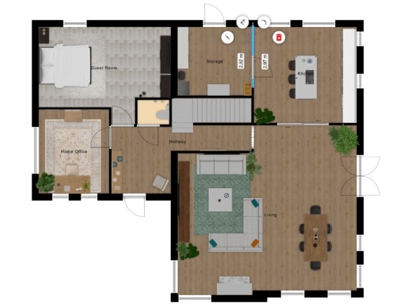 3D Floor Plan made with Floorplanner. The image shows a one-bedroom apartment floor plan. It contains a living room, hallway, kitchen, storage, bedroom, and an office.