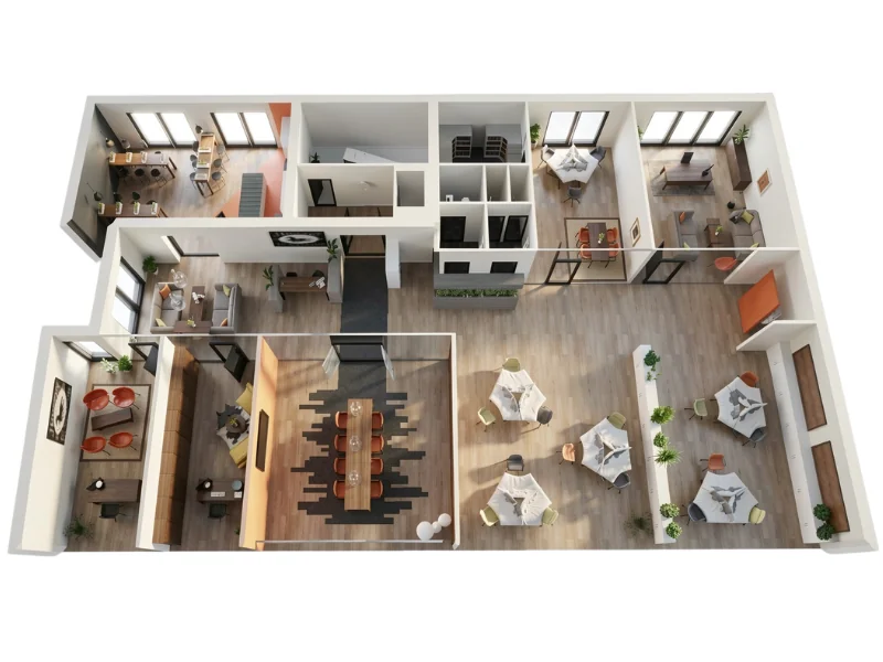 3D top-down rendering of a modern open-plan office, featuring multiple workstations, private rooms, meeting areas, lounge seating, and a large central conference table.