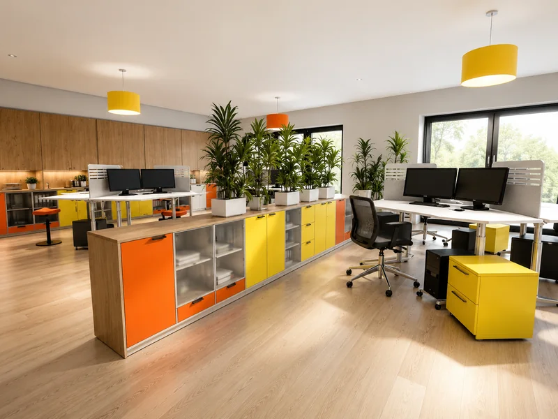 Bright, modern open-plan office with wood floors, white desks, dual monitors, colorful orange and yellow storage cabinets, pendant lights, and numerous tall green plants.