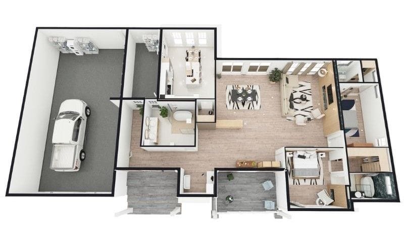 3D Floor Plan made with Cedreo. The image shows an apartment floor plan with two bedrooms, two bathrooms, living room, kitchen, and two walk-in closets.